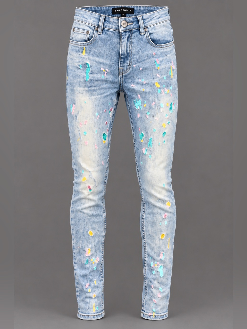 Serenede Men’s Light Wash Embroidered Paint Splatter Skinny Jeans Size 28